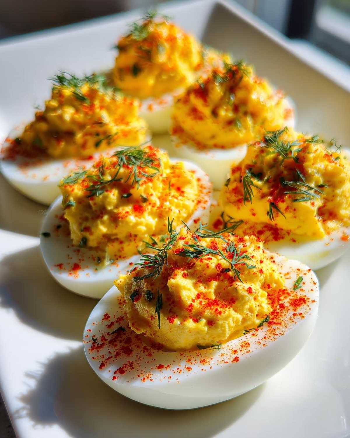 Close-up of several Classic Deviled Eggs with Dill Pickle Relish, topped with paprika and fresh dill.