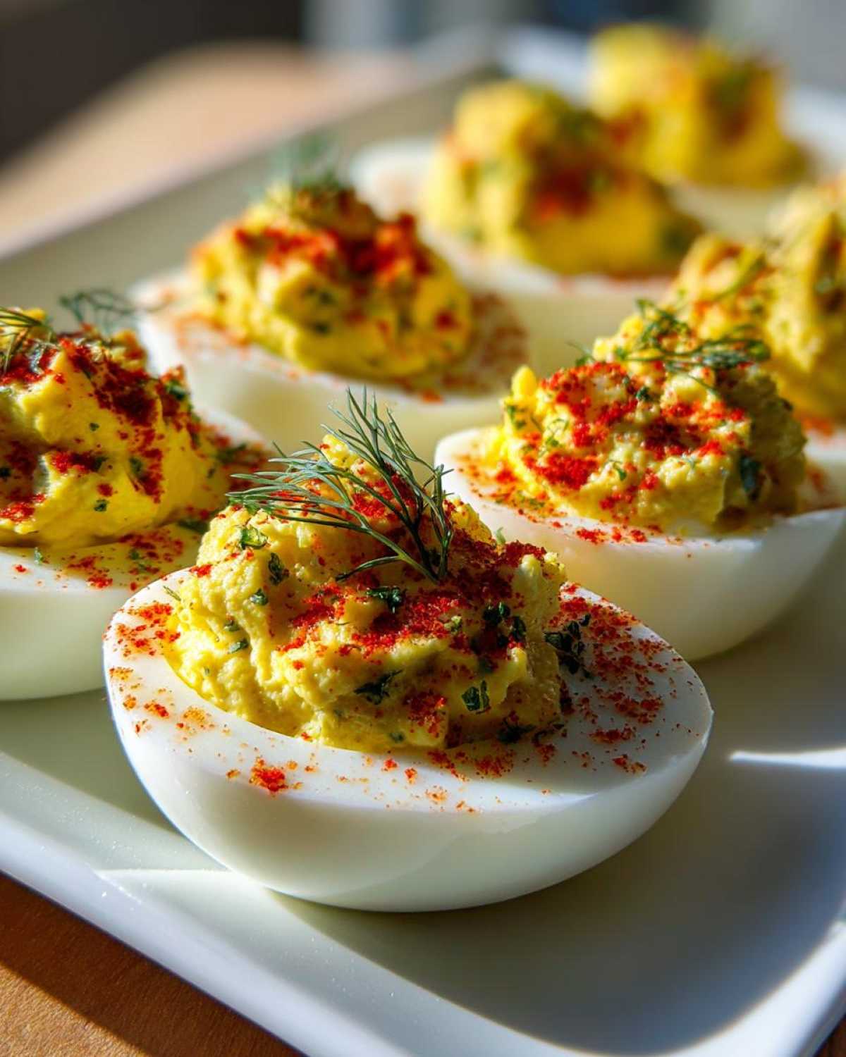 Close-up of several Classic Deviled Eggs with Dill Pickle Relish, topped with paprika and fresh dill.