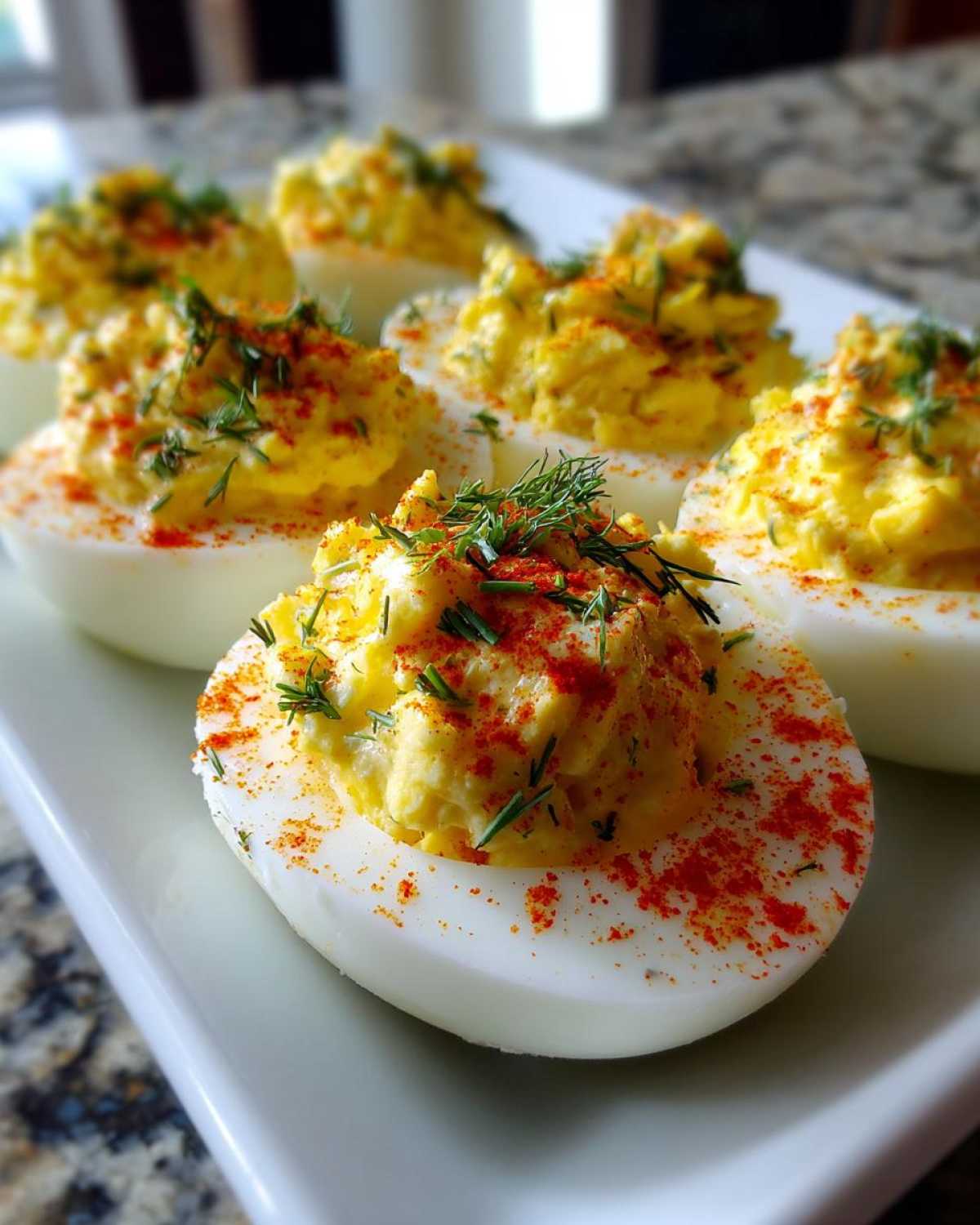 Close-up of several Classic Deviled Eggs with Dill Pickle Relish, garnished with paprika and fresh dill.