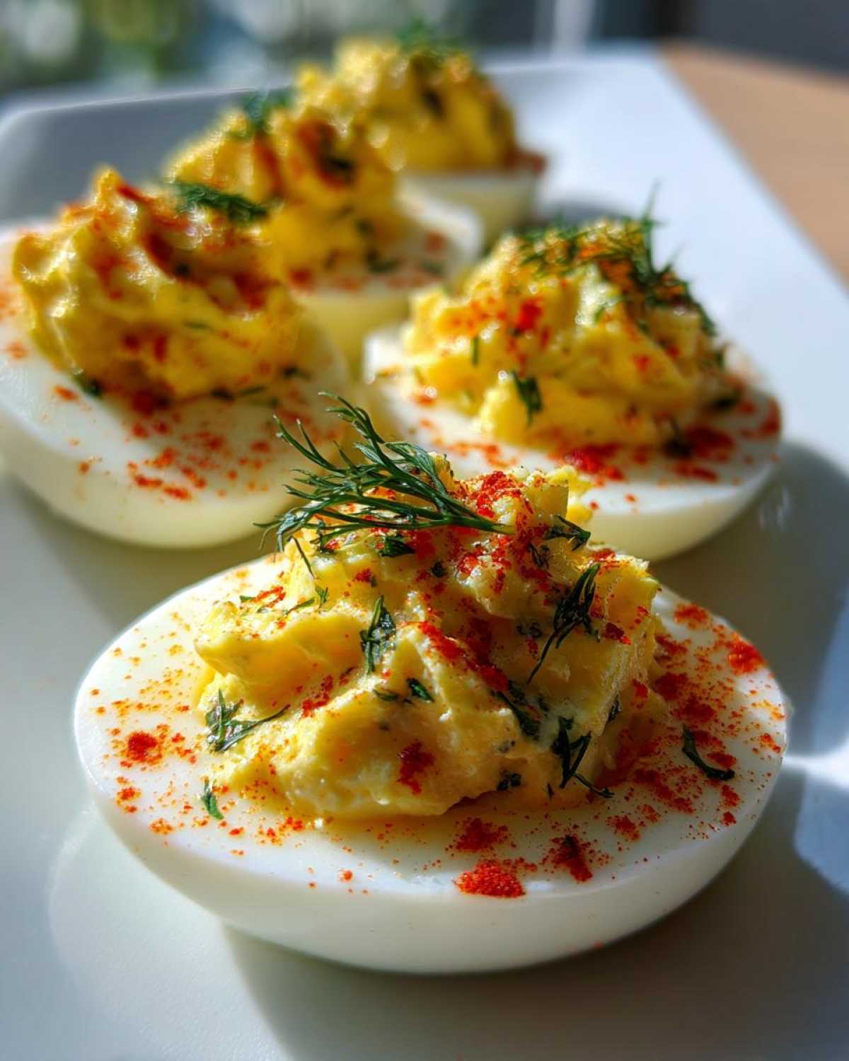 Four halves of Classic Deviled Eggs with Dill Pickle Relish, topped with paprika and fresh dill on a white plate.