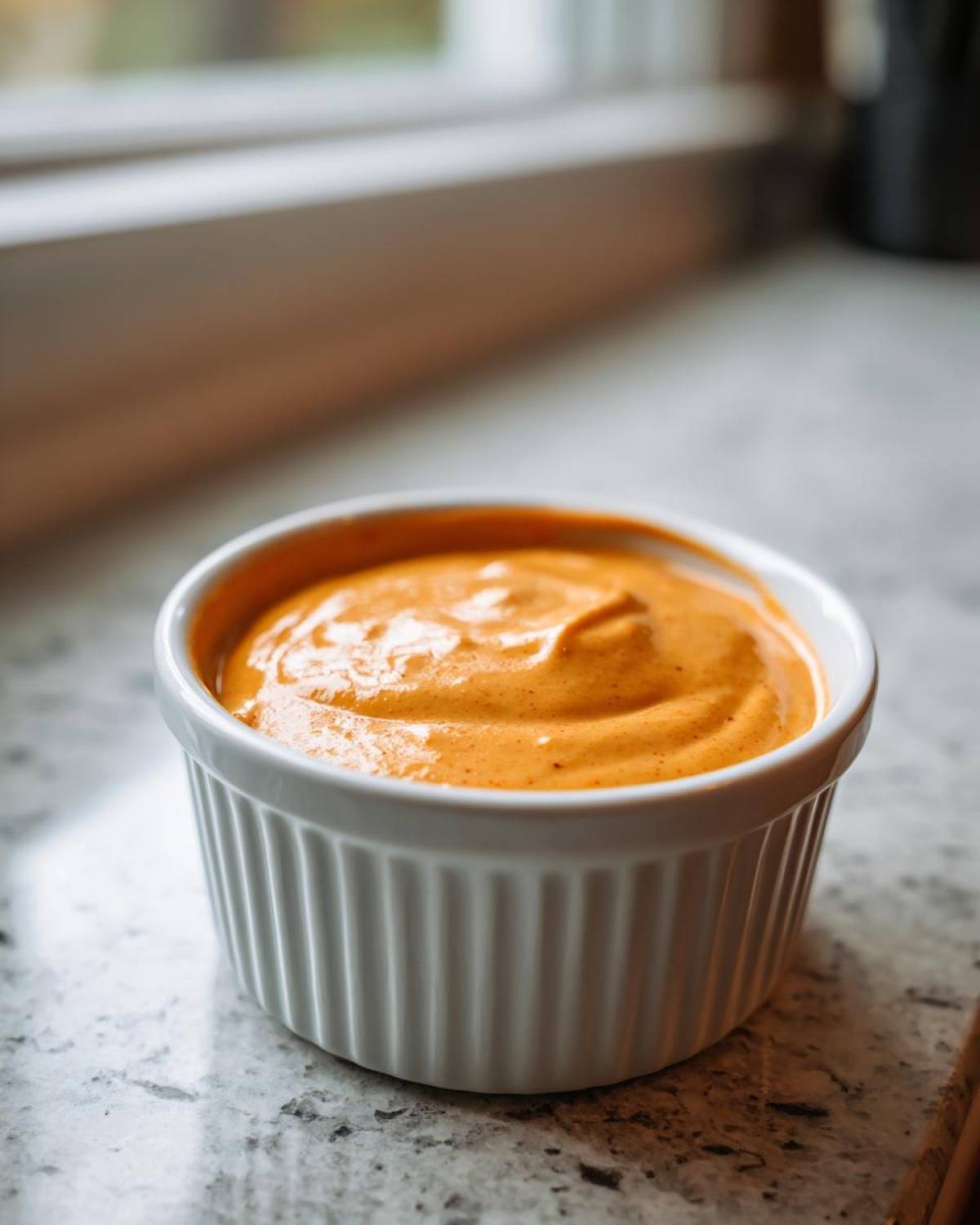 A small white ramekin filled with thick, orange-hued Copycat Raising Cane’s Sauce, sitting on a granite countertop.
