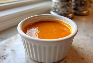 A close-up of bright orange Copycat Raising Cane’s Sauce served in a small, white, fluted ramekin.
