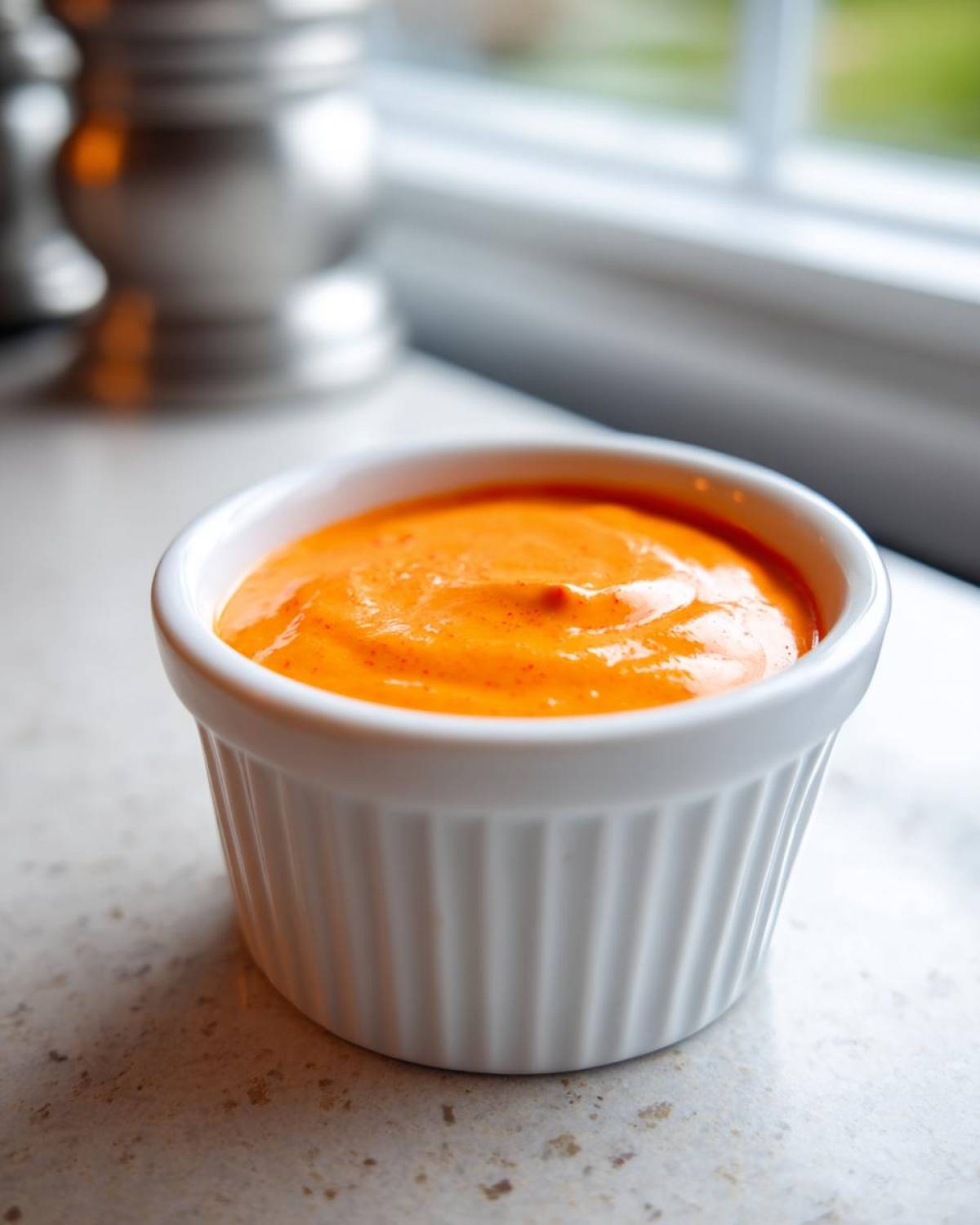 A small white ramekin filled with bright orange Copycat Raising Cane’s Sauce sits on a light countertop near a window.