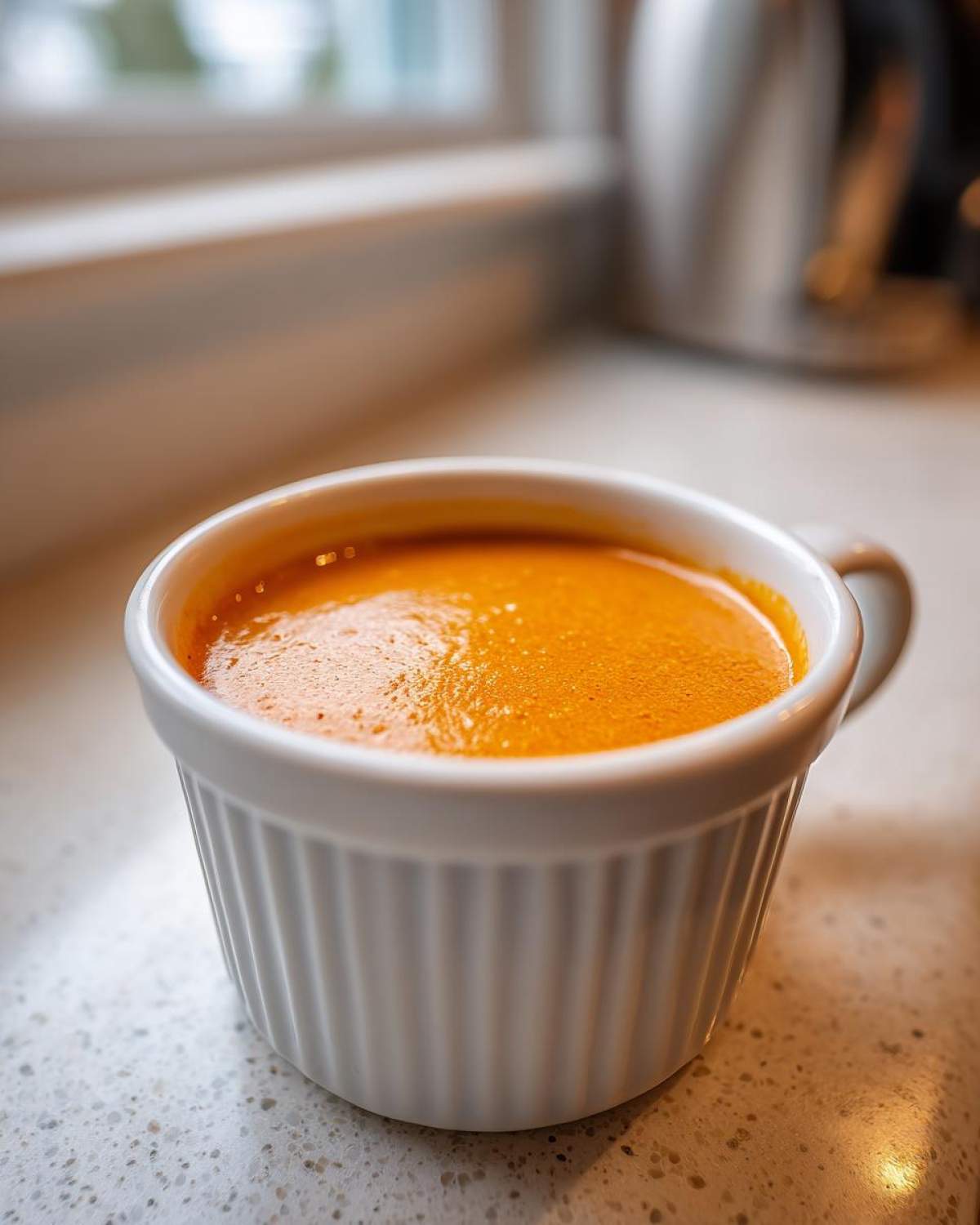 Close-up of bright orange Copycat Raising Cane’s Sauce served in a small, white, fluted ramekin.