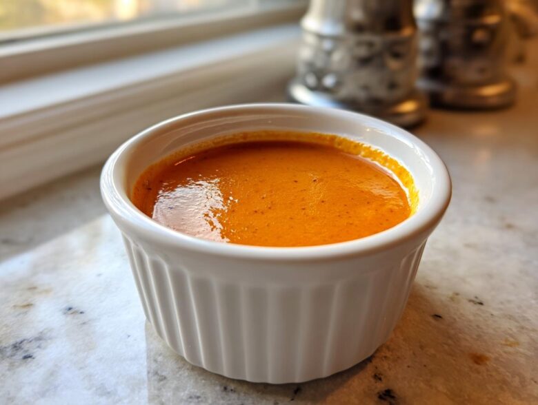 A close-up of bright orange Copycat Raising Cane’s Sauce served in a small, white, fluted ramekin.