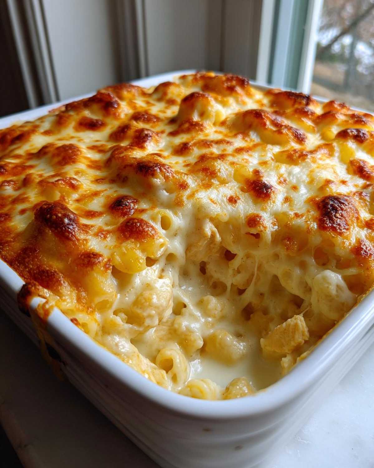 Close-up of a baked pasta dish, the Creamy Alfredo Chicken Bake, showing bubbling sauce and a golden, melted cheese crust.