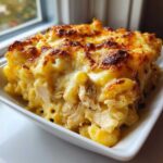 Close-up of a serving of Creamy Alfredo Chicken Bake showing pasta, shredded chicken, and a bubbly, browned cheese topping.