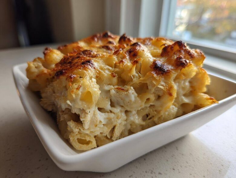 A close-up serving of Creamy Alfredo Chicken Bake in a white dish, showing creamy sauce and browned cheese topping.
