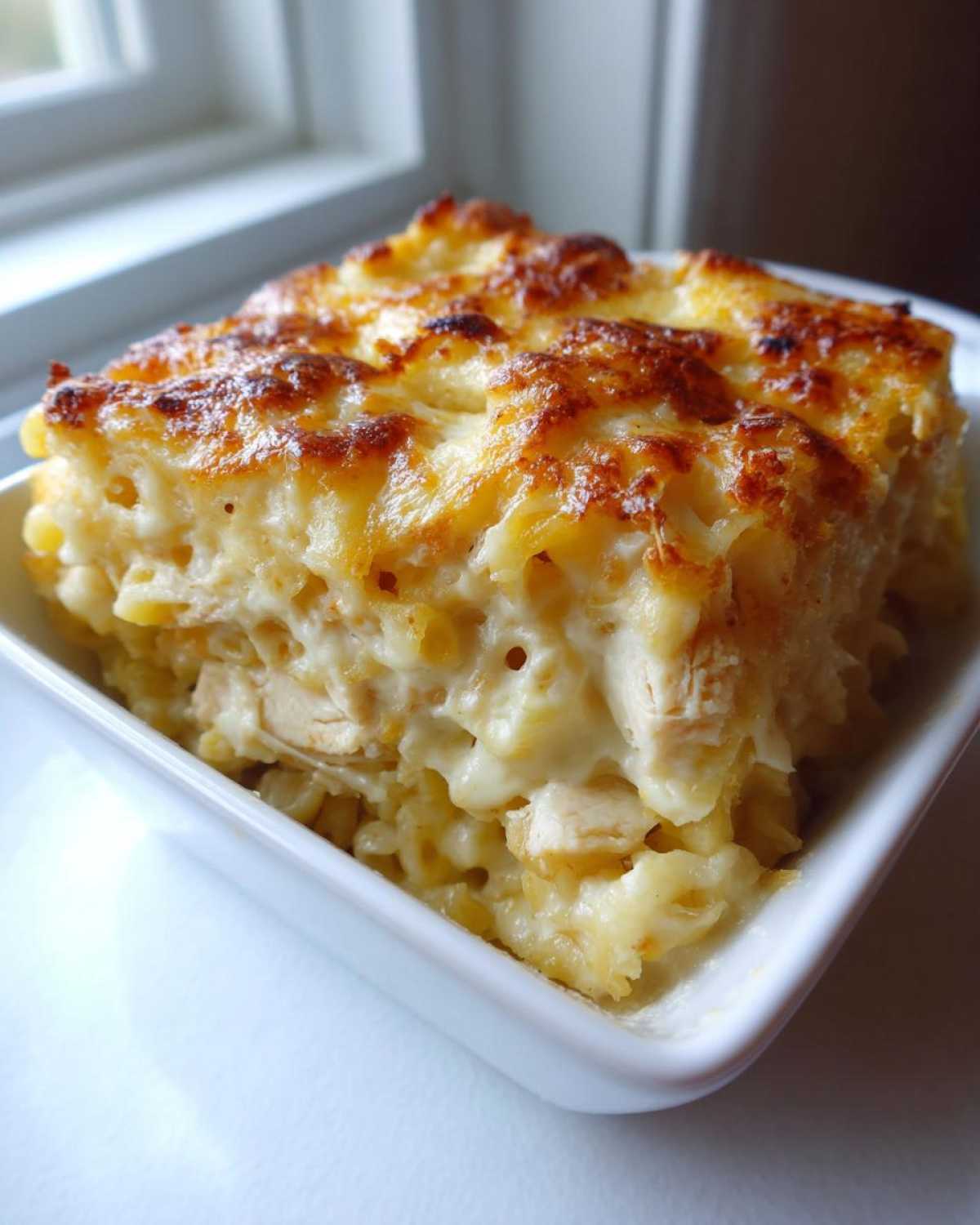 A square serving of Creamy Alfredo Chicken Bake with pasta, chicken pieces, and a golden, bubbly cheese topping.