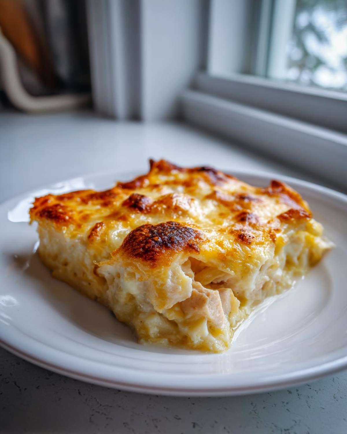 A square serving of Creamy Alfredo Chicken Bake, showing chunks of chicken in a rich sauce under a bubbly, browned cheese topping.