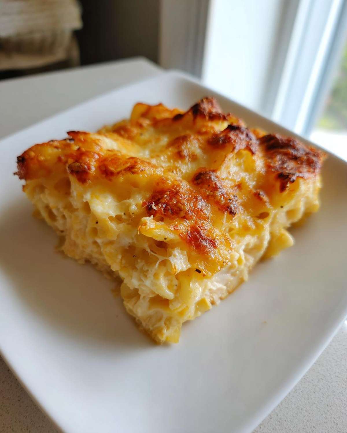 A close-up of a serving of Creamy Alfredo Chicken Bake, showing creamy pasta and a golden-brown, cheesy baked top.