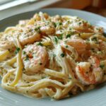 A close-up of a serving of Creamy Alfredo Shrimp Pasta with Garlic, featuring fettuccine noodles coated in white sauce and topped with pink shrimp and parsley.