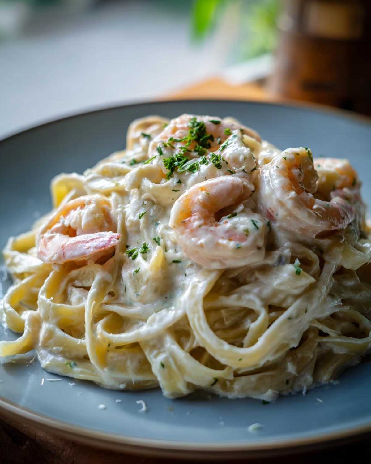 Close-up of rich Creamy Alfredo Shrimp Pasta with Garlic, featuring fettuccine noodles and pink shrimp in a white sauce, garnished with parsley.