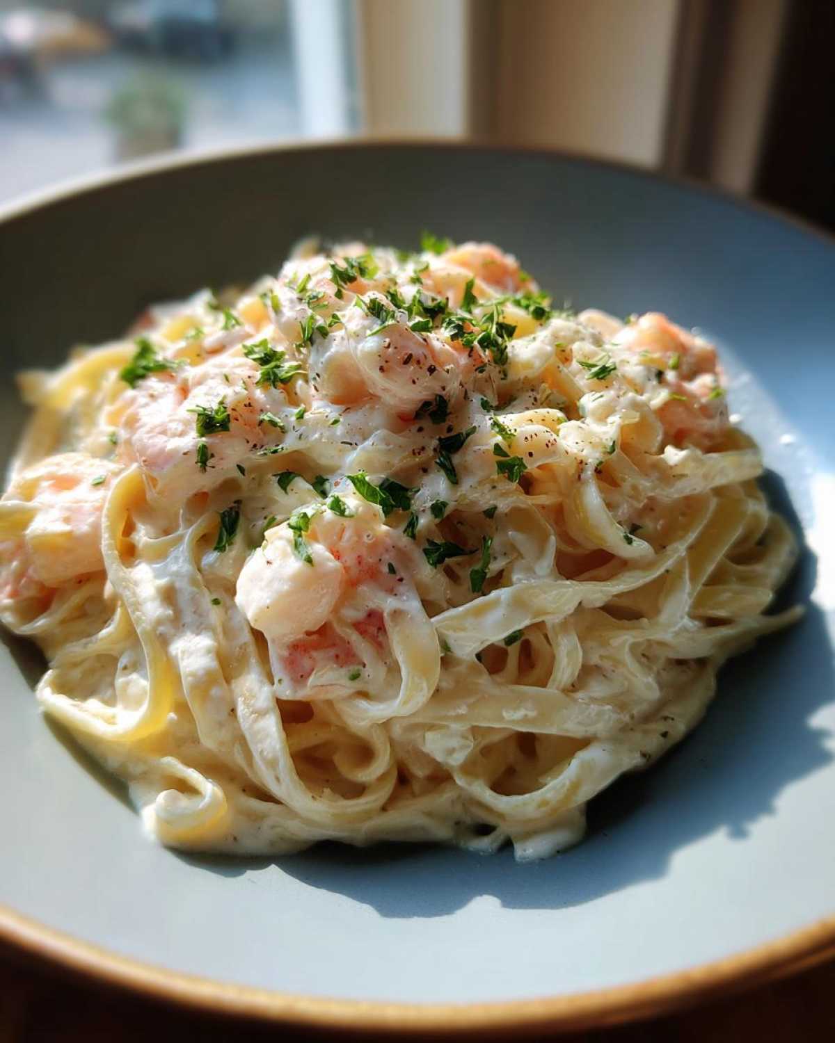 A close-up of rich Creamy Alfredo Shrimp Pasta with Garlic, featuring fettuccine noodles coated in sauce and topped with shrimp and parsley.