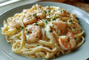 A close-up of a serving of Creamy Alfredo Shrimp Pasta with Garlic, featuring fettuccine noodles coated in white sauce and topped with pink shrimp and parsley.