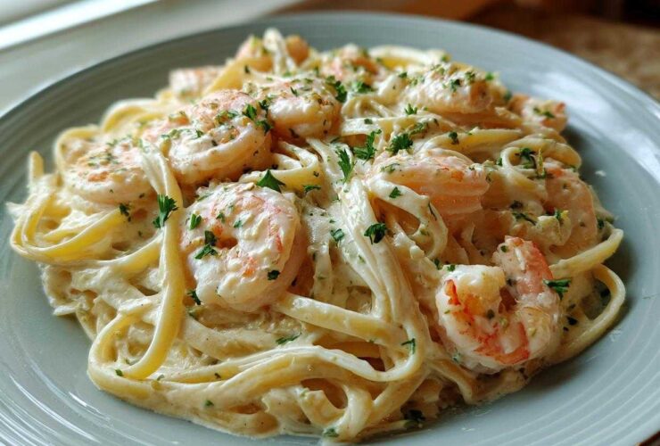 A close-up of a serving of Creamy Alfredo Shrimp Pasta with Garlic, featuring fettuccine noodles coated in white sauce and topped with pink shrimp and parsley.