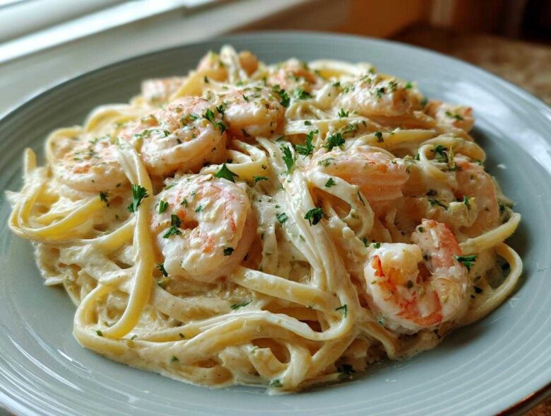 A close-up of a serving of Creamy Alfredo Shrimp Pasta with Garlic, featuring fettuccine noodles coated in white sauce and topped with pink shrimp and parsley.