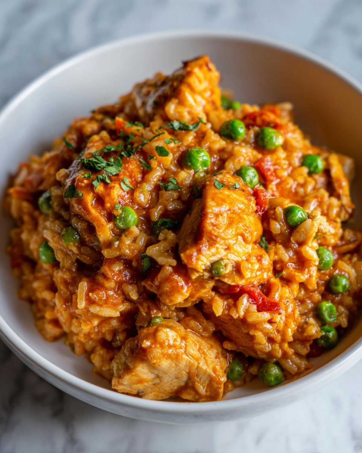 Close-up of a bowl filled with rich, orange-hued Creamy Cajun Chicken and Rice Skillet, mixed with green peas and parsley.