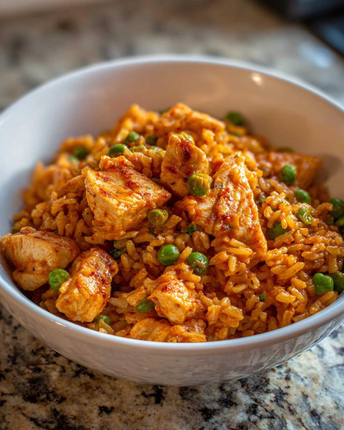 Close-up of a white bowl filled with Creamy Cajun Chicken and Rice Skillet, featuring seasoned chicken pieces and green peas.