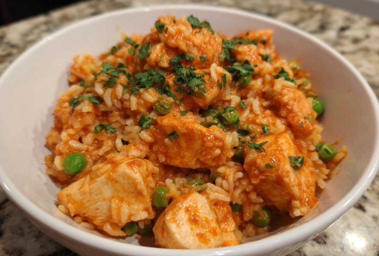 A white bowl filled with Creamy Cajun Chicken and Rice Skillet, featuring chunks of chicken, rice, and green peas, topped with parsley.