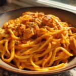 Close-up of a bowl filled with Creamy Cajun Chicken Pasta, featuring linguine coated in an orange sauce and chunks of seasoned chicken.