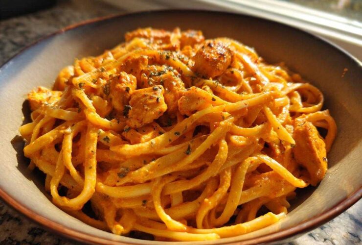 Close-up of a bowl filled with Creamy Cajun Chicken Pasta, featuring linguine coated in an orange sauce and chunks of seasoned chicken.