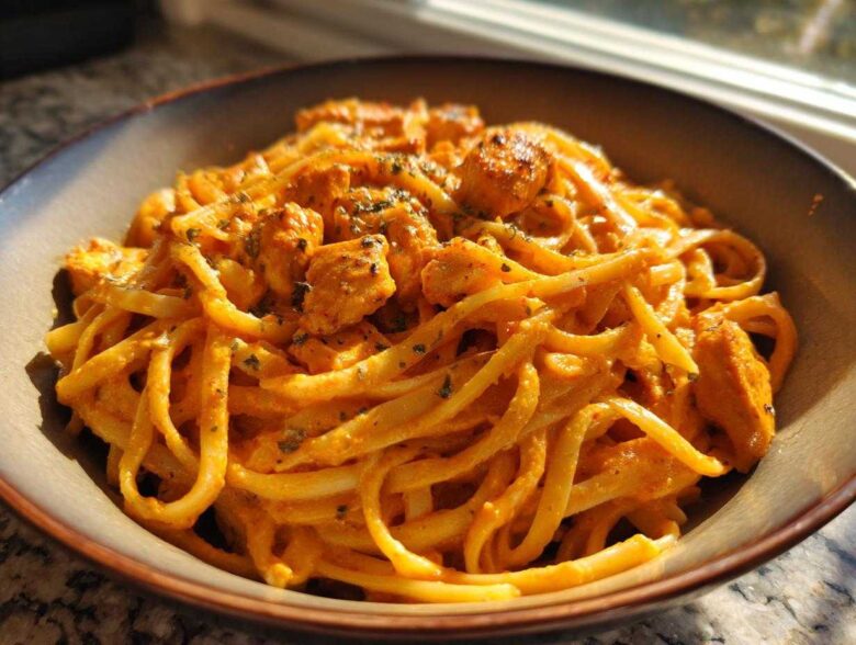 Close-up of a bowl filled with Creamy Cajun Chicken Pasta, featuring linguine coated in an orange sauce and chunks of seasoned chicken.
