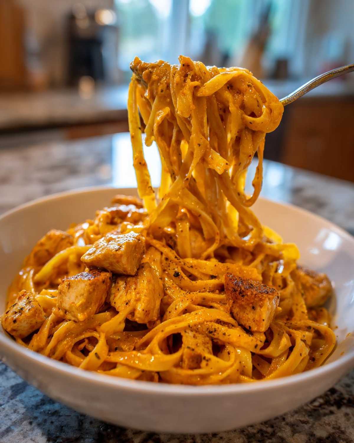 A fork lifts a generous portion of fettuccine coated in rich sauce from a bowl of Creamy Cajun Chicken Pasta with Garlic Flavor.