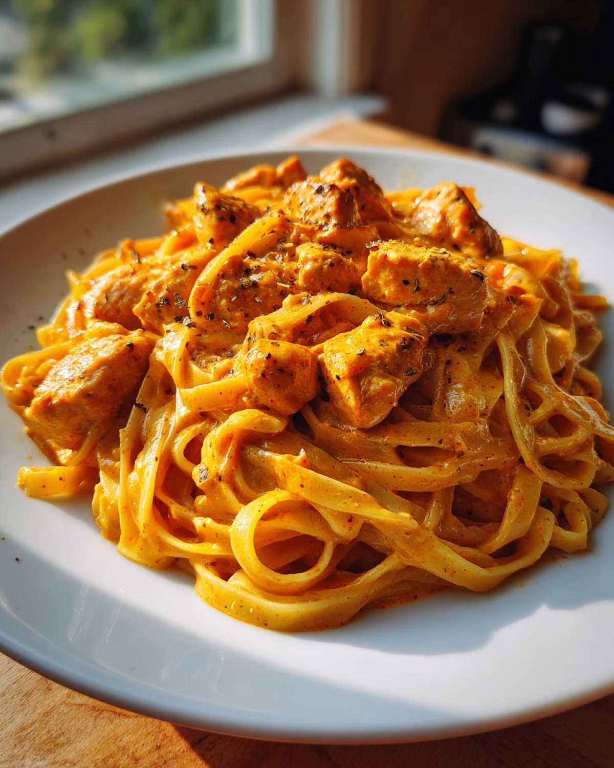 A close-up of a white plate piled high with Creamy Cajun Chicken Pasta with Garlic Flavor, featuring fettuccine coated in an orange sauce and topped with seasoned chicken chunks.