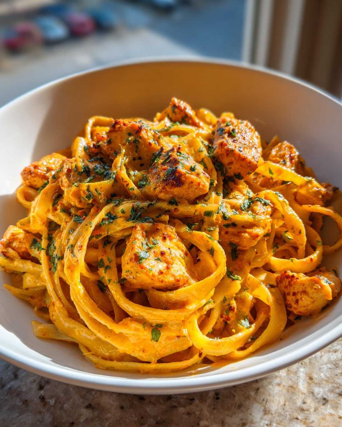 A close-up shot of rich, orange-hued Creamy Cajun Chicken Pasta with chunks of seasoned chicken and fresh parsley.