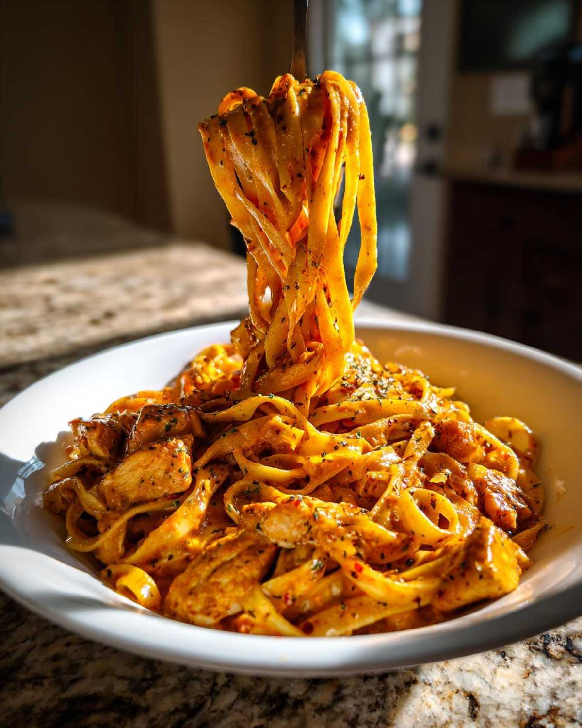 A fork lifts a large swirl of fettuccine coated in sauce from a bowl of Creamy Cajun Chicken Pasta with Garlic Flavor.