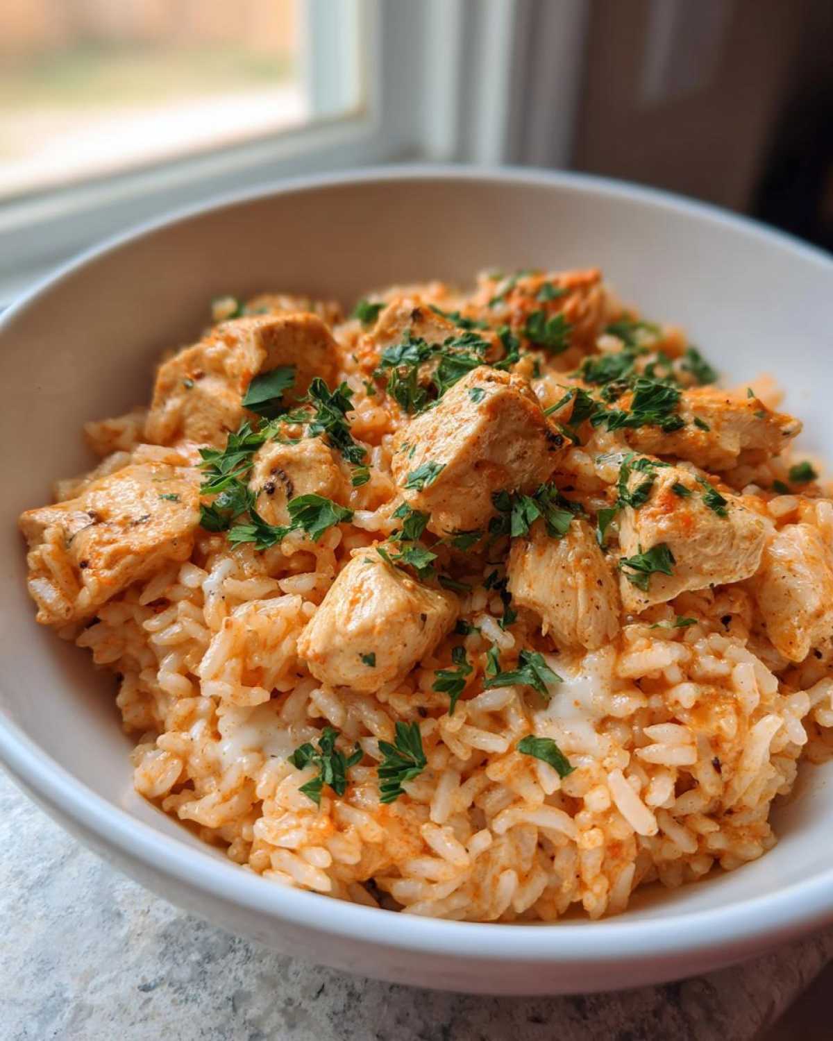 Close-up of a white bowl filled with Creamy Cajun Chicken Rice One Pot Meal, topped with diced chicken and fresh parsley.