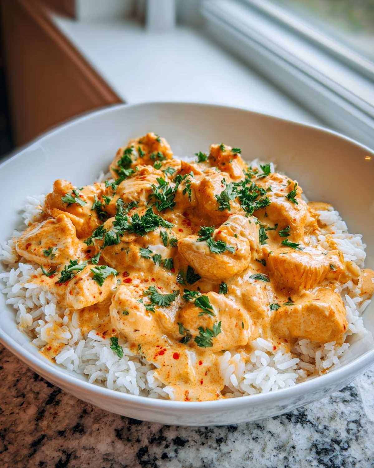 A white bowl filled with white rice topped with creamy, orange-hued chicken pieces and fresh parsley, representing the Creamy Cajun Chicken Rice One Pot Meal.