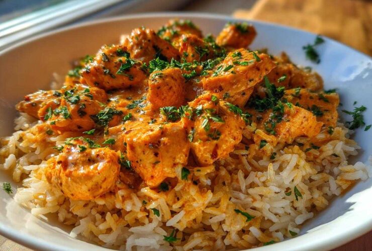 Close-up of a serving of Creamy Cajun Chicken Rice One Pot Meal, featuring seasoned chicken pieces in a rich sauce over rice, garnished with parsley.