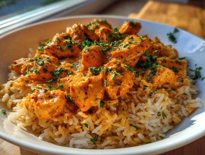 Close-up of a serving of Creamy Cajun Chicken Rice One Pot Meal, featuring seasoned chicken pieces in a rich sauce over rice, garnished with parsley.