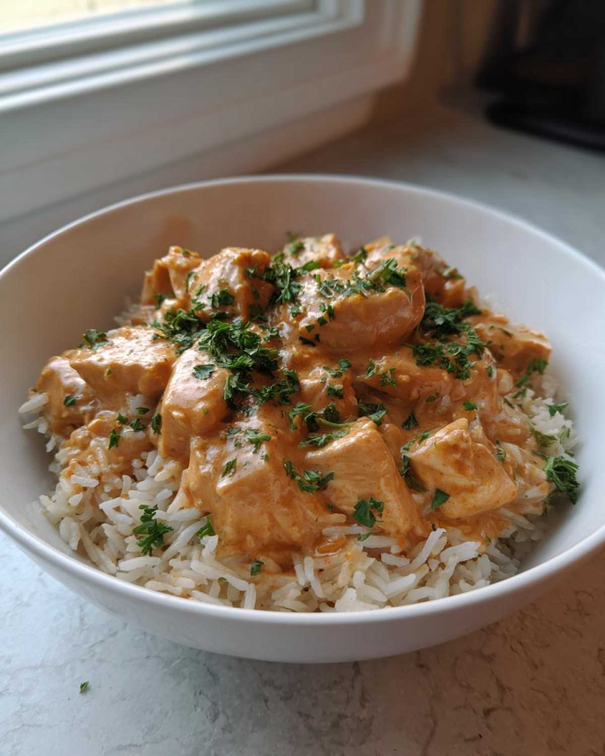 A close-up of a white bowl filled with white rice topped with chunks of chicken in a creamy Cajun sauce, garnished with fresh parsley.