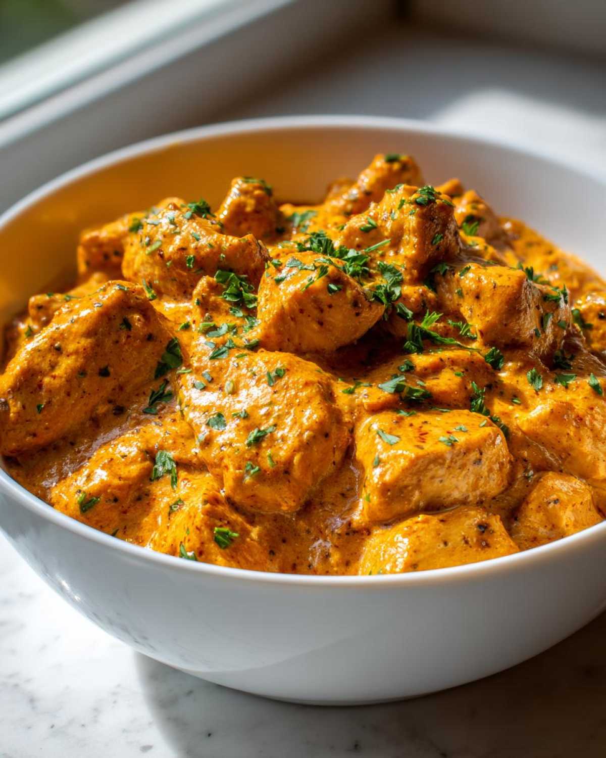 Close-up of tender chicken pieces coated in a rich, orange-hued Creamy Cajun Chicken Skillet with Cream Sauce, garnished with parsley.