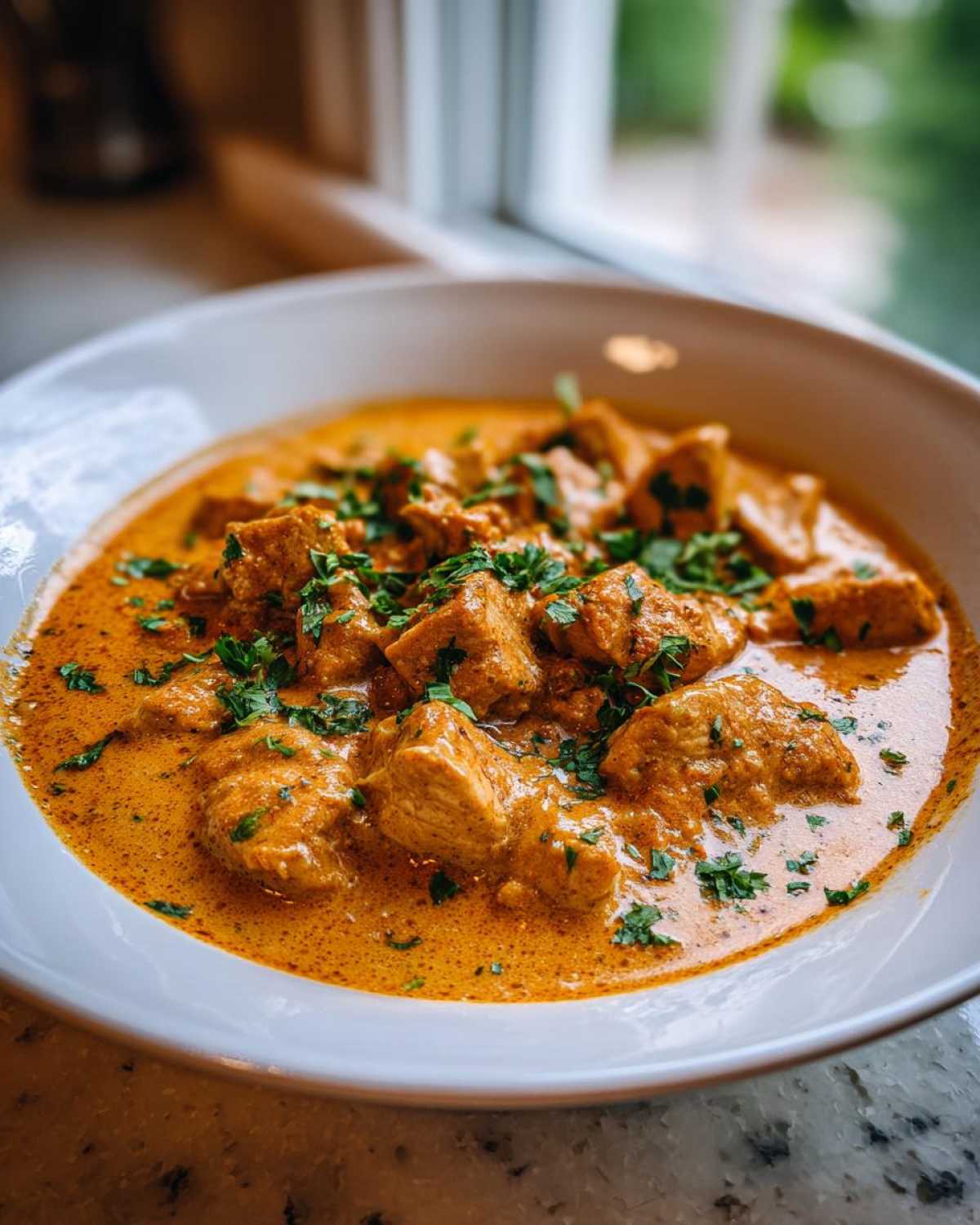 Close-up of a white bowl filled with chunks of chicken in a rich, orange Creamy Cajun Chicken Skillet with Cream Sauce, garnished with parsley.
