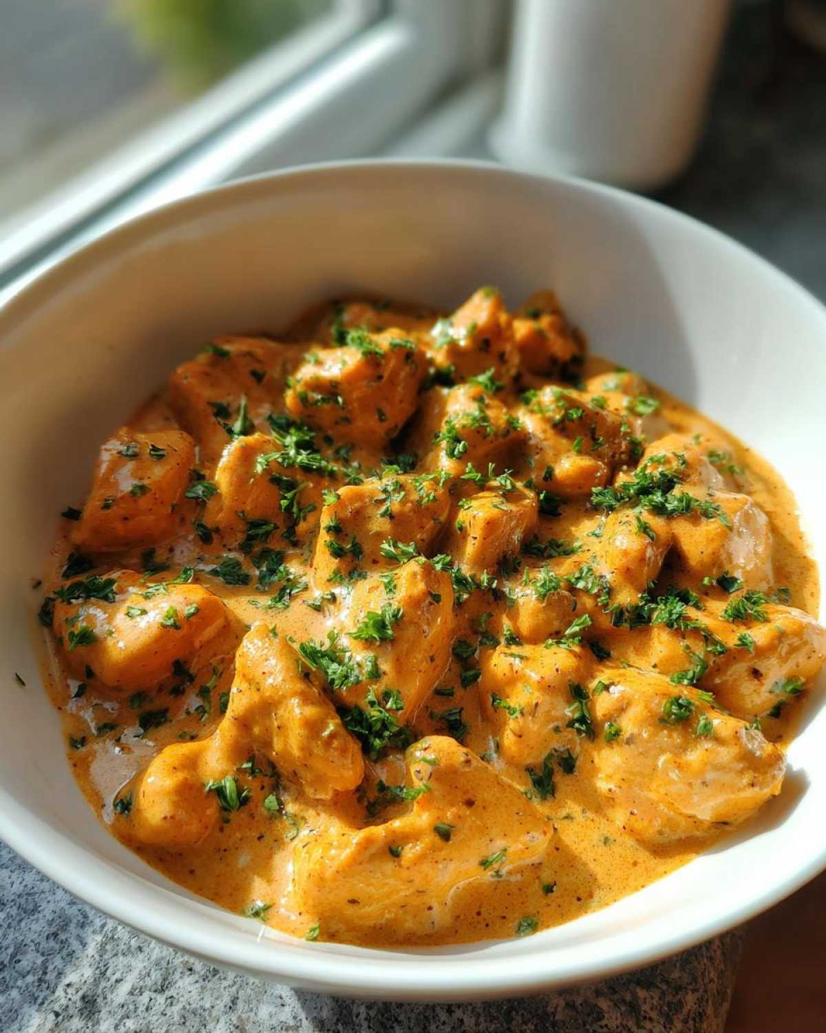 Close-up of tender chicken pieces coated in a rich, orange-hued Creamy Cajun Chicken Skillet with Cream Sauce, garnished with fresh parsley.