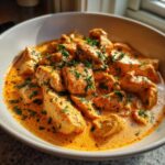 Close-up of tender chicken pieces coated in a rich, orange-hued Creamy Cajun Chicken Skillet sauce, garnished with fresh parsley.
