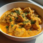 Close-up of tender chicken pieces smothered in a rich, orange-hued Creamy Cajun Chicken Skillet with Cream Sauce, garnished with parsley.