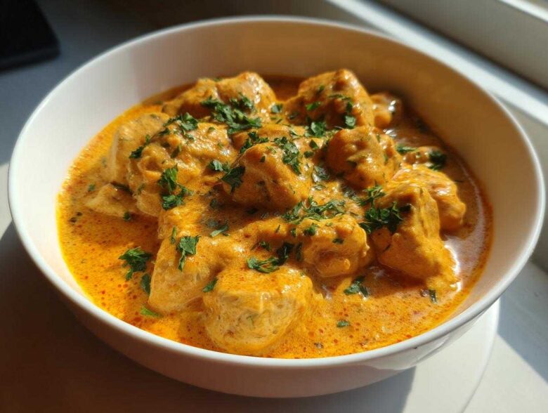 Close-up of tender chicken pieces smothered in a rich, orange-hued Creamy Cajun Chicken Skillet with Cream Sauce, garnished with parsley.