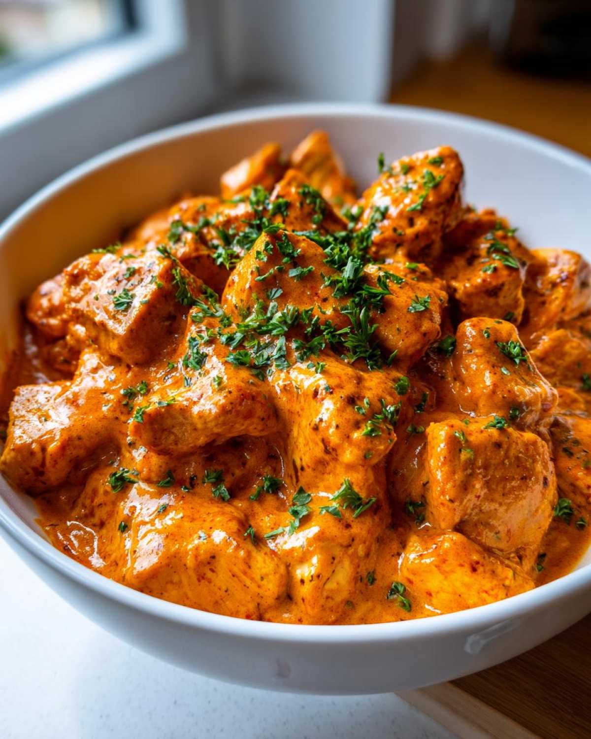 Close-up of tender chicken pieces coated in a rich, orange Creamy Cajun Chicken Skillet sauce, garnished with fresh parsley.
