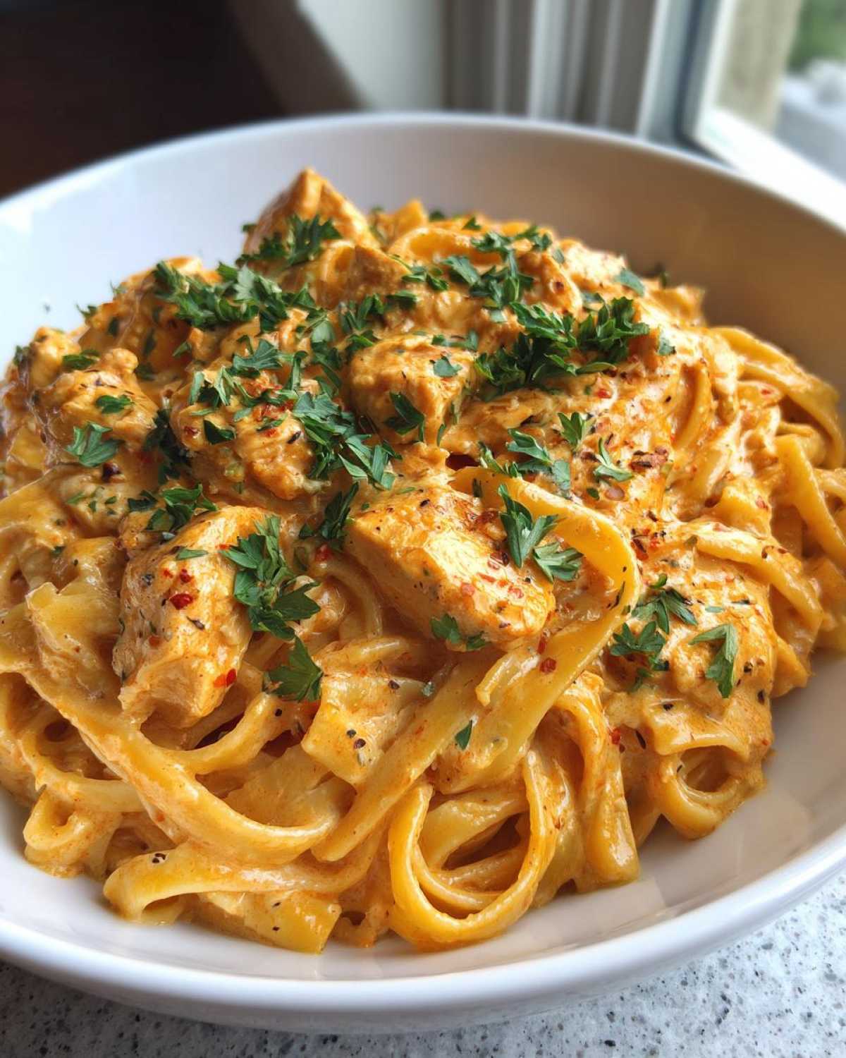 Close-up of a white bowl filled with Creamy Cajun Pasta with Chicken and Spice, topped with fresh parsley.