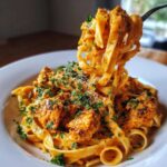 A fork lifts fettuccine noodles coated in rich sauce from a plate of Creamy Cajun Pasta with Chicken and Spice.