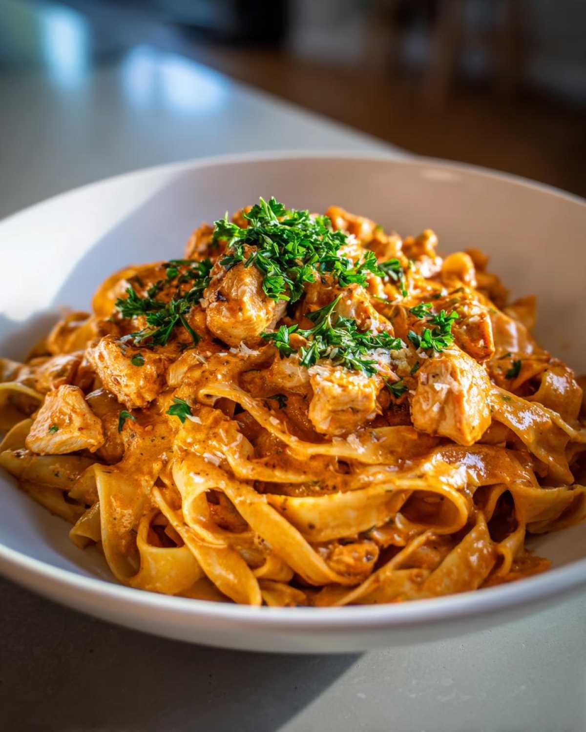 Close-up of Creamy Cajun Pasta with Chicken and spice, garnished with fresh parsley, served in a white bowl.