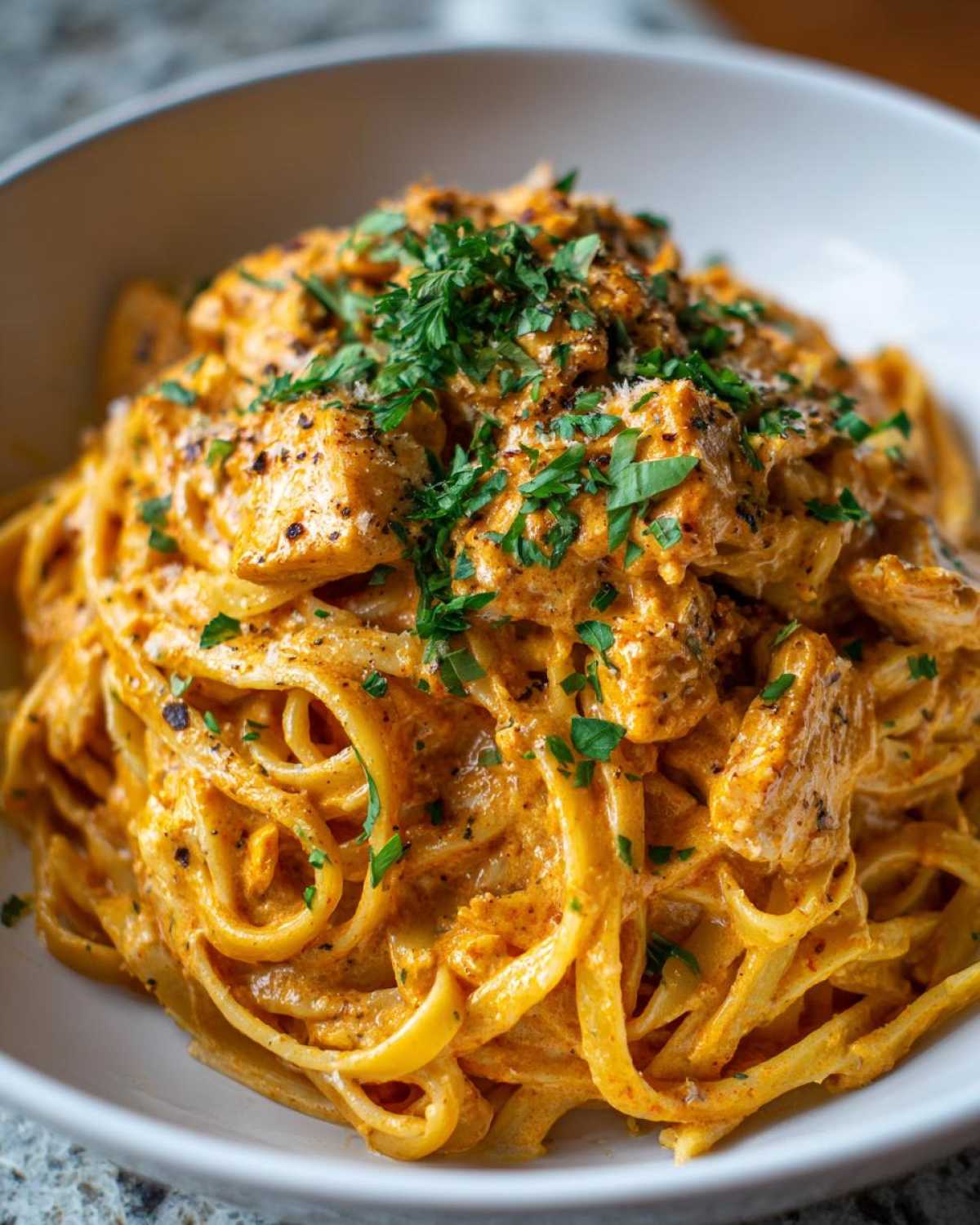 A close-up of rich, orange-hued Creamy Cajun Pasta with Chicken and Spice, topped with fresh parsley.