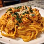 A close-up of a white plate piled high with Creamy Cajun Pasta with Chicken and Spice, garnished with parsley.