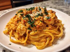 A close-up of a white plate piled high with Creamy Cajun Pasta with Chicken and Spice, garnished with parsley.