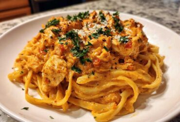 A close-up of a white plate piled high with Creamy Cajun Pasta with Chicken and Spice, garnished with parsley.